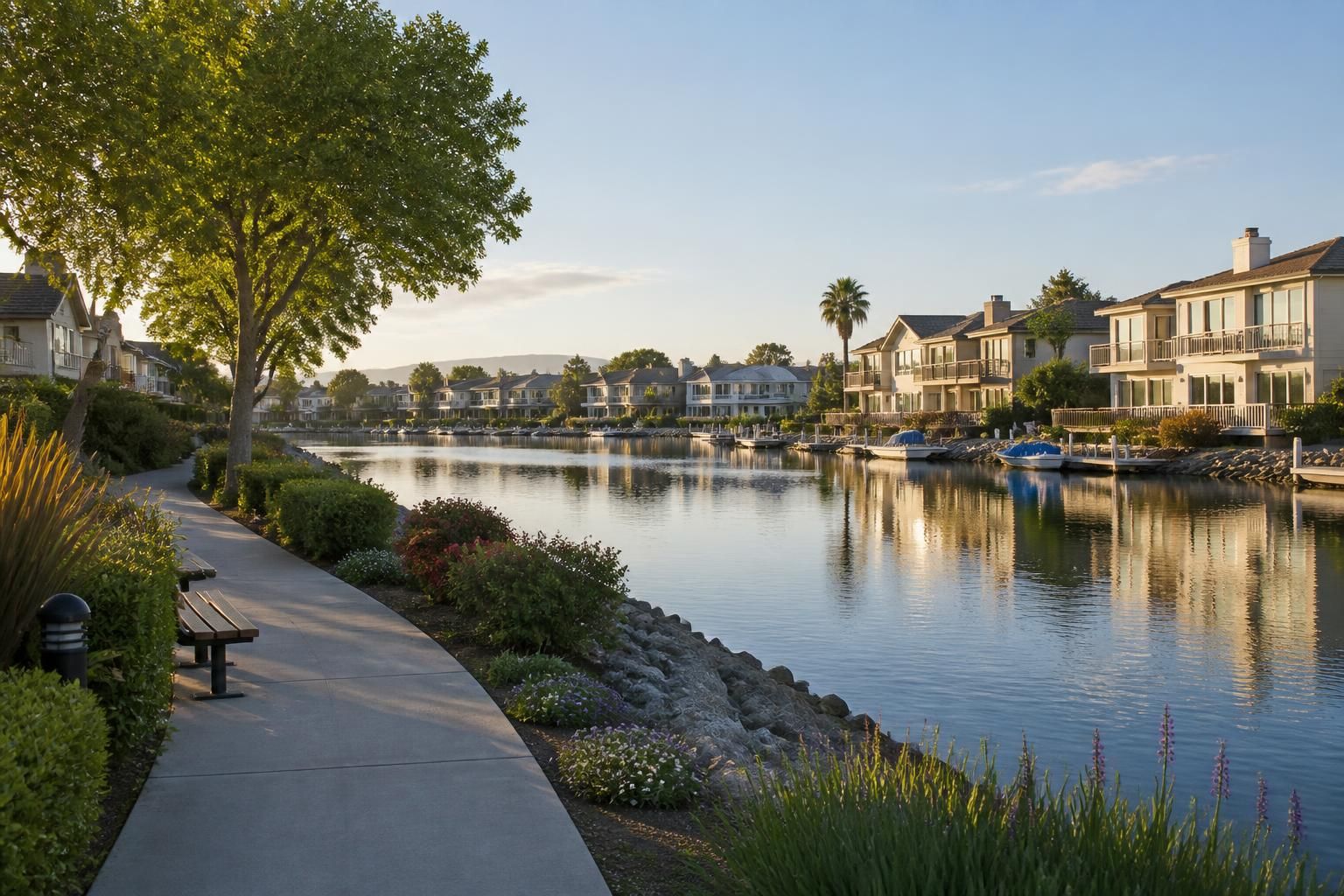 Waterfront neighborhood with modern homes in Foster City.