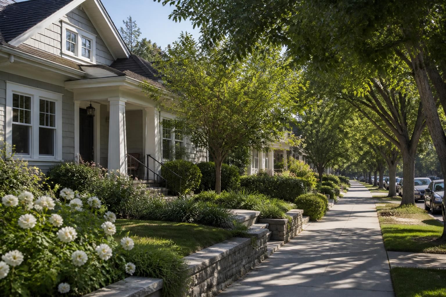 Leafy residential street with well-kept homes in Menlo Park.