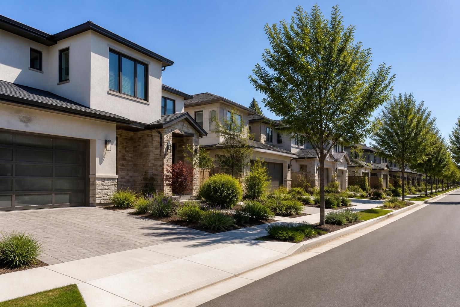 Modern homes and landscaping on a bright Mountain View street.