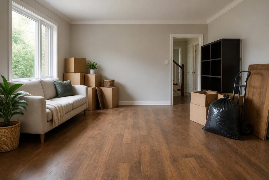 Clean moving and junk removal scene with staged furniture and open floor space.