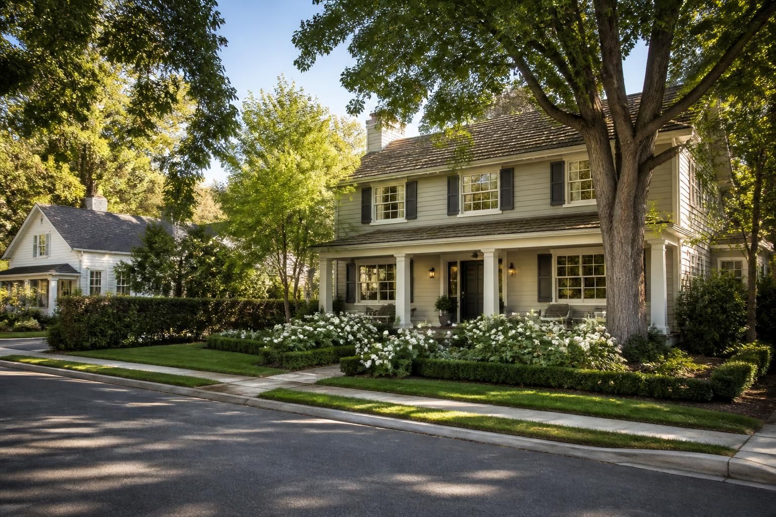 Elegant neighborhood homes with mature landscaping in Palo Alto.