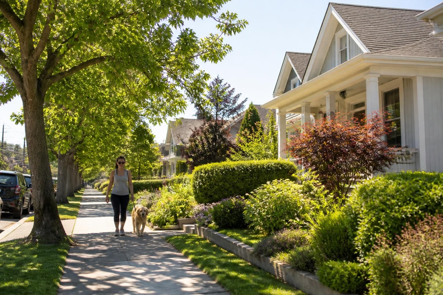 Sunny neighborhood street with tidy homes in Redwood City.