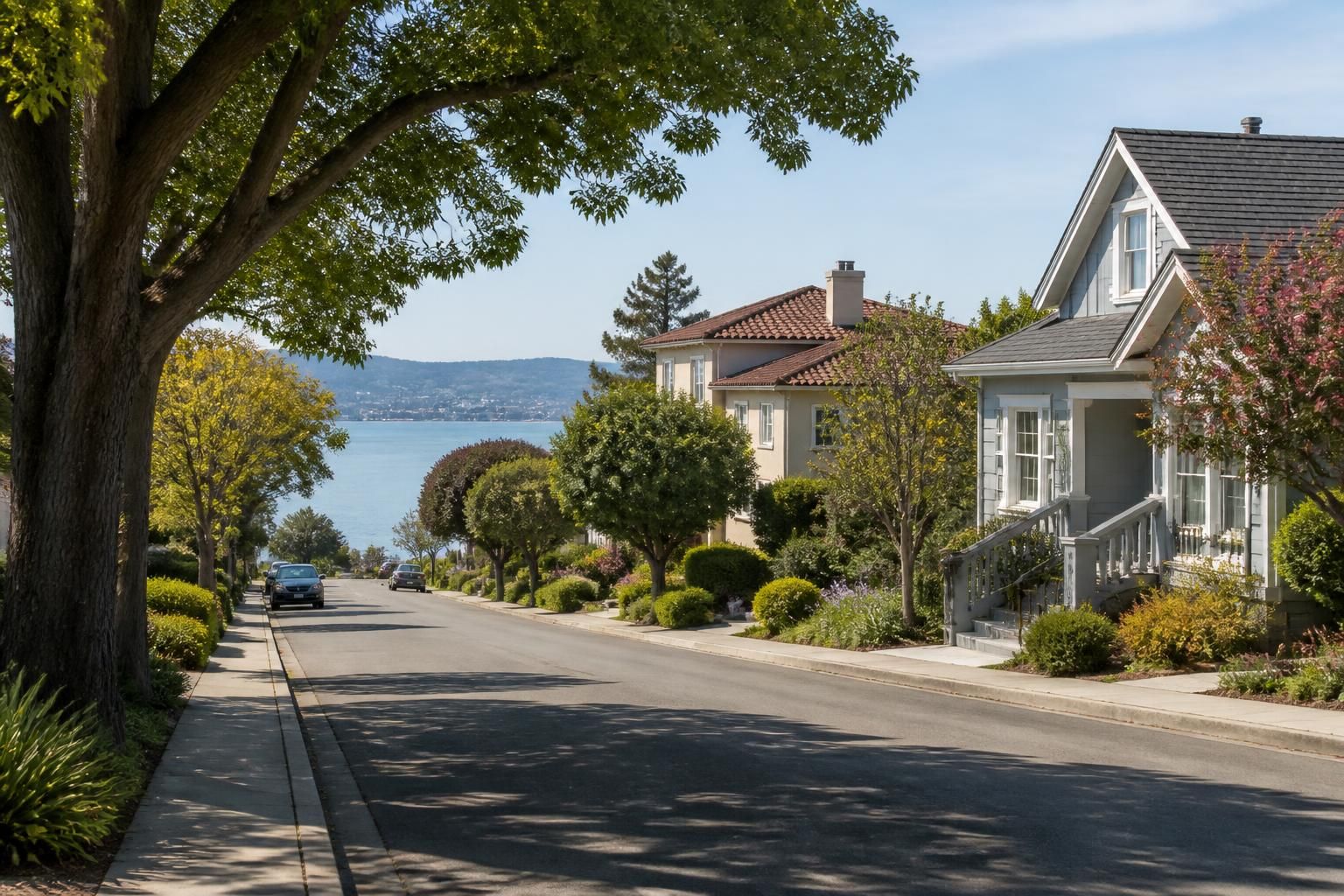 Calm residential street with mature trees in San Mateo.