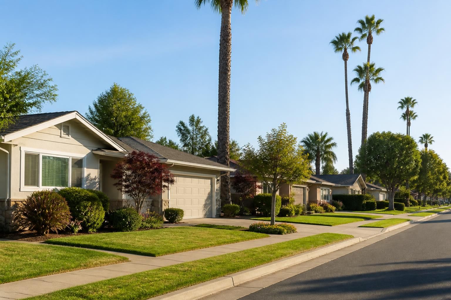 Tidy residential street with palm trees in Santa Clara.